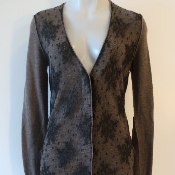 Womens Zhor & Nema Paris Taupe Black V-Neck Wool Cashmere Lace Cardigan M - Picture 3 of 15
